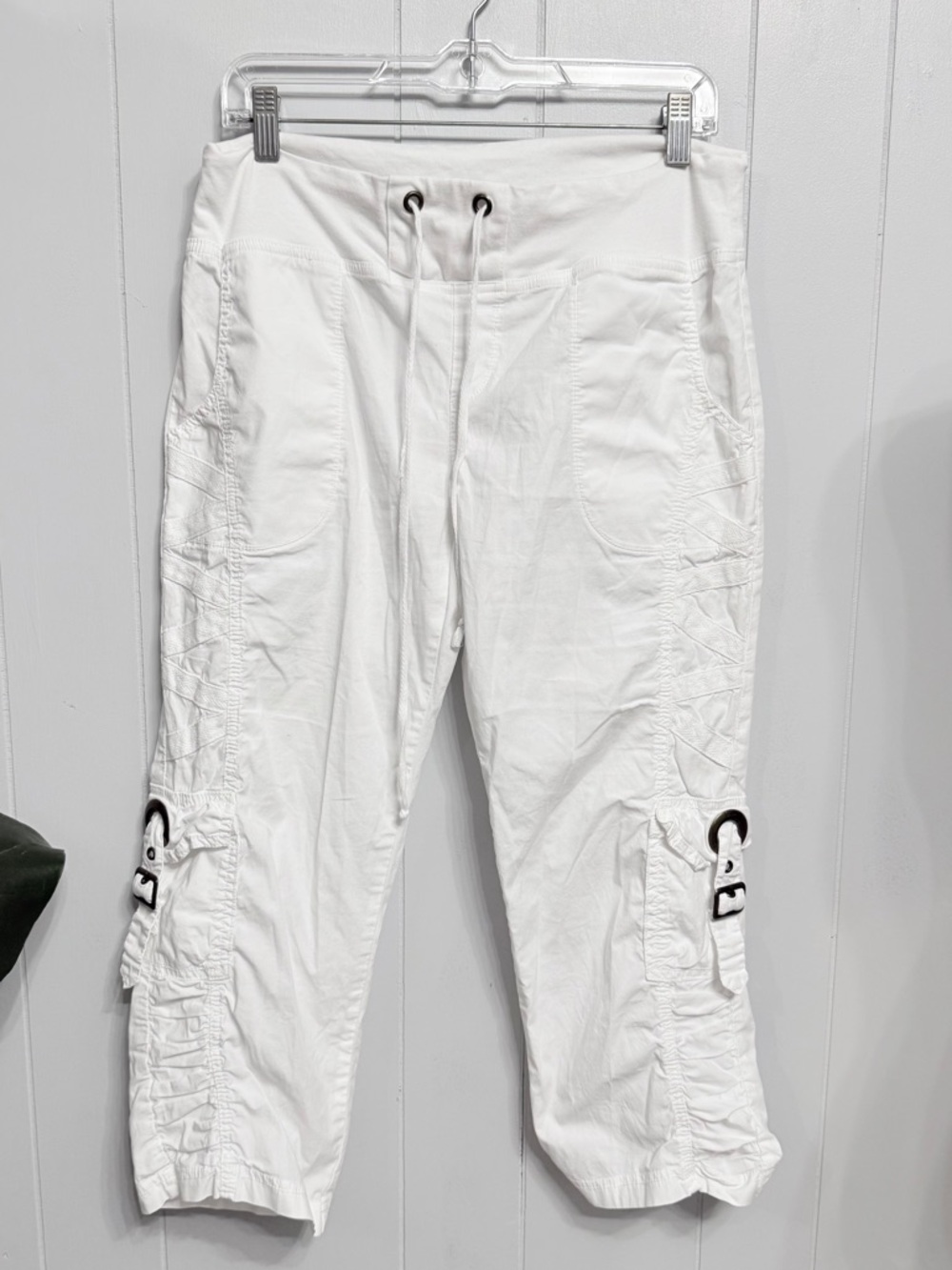 #5)  Patchington White Cargo Capri with Buckle Strap